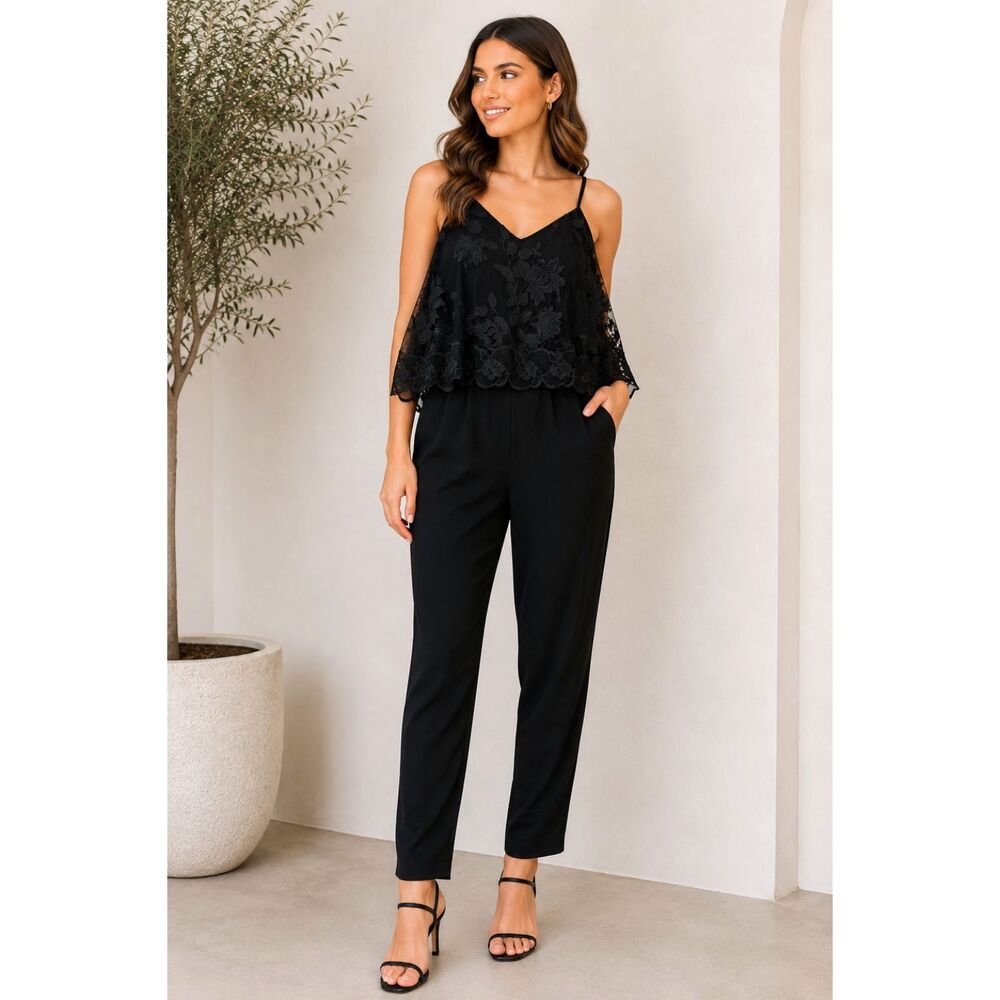 Kobie Halperin NWT Black Lace Cape Overlay Jumpsuit Pockets Size XS